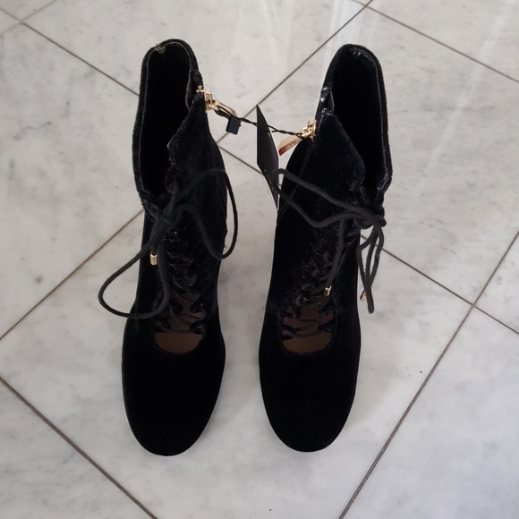 Zara Lace-Up Black Velvet Ankle Boots - Picture 7 of 8